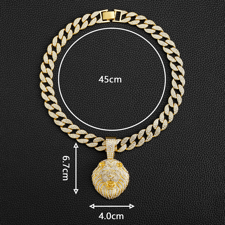 Collar de cadena cubana con colgante de cabeza de león estéreo de diamantes completo personalizado para hombre, cadena de clavícula de moda hip-hop europea y americana