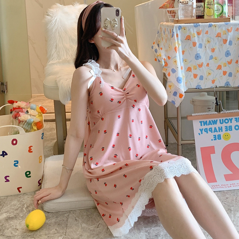 Ropa para el hogar de las mujeres con almohadilla para el pecho nueva correa pijamas camisón de las mujeres de media longitud de encaje de verano dulce princesa estilo