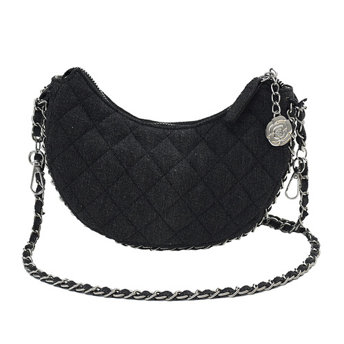 Denim bag women's new  fashion rhombus chain crossbody bag niche summer casual versatile crescent bag