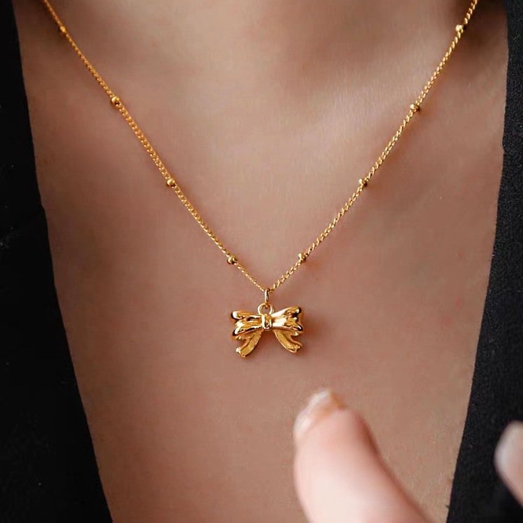 Copper Pendant Material Titanium Steel Copper 18K Gold Plated Retro Bow Knot Pendant Necklace