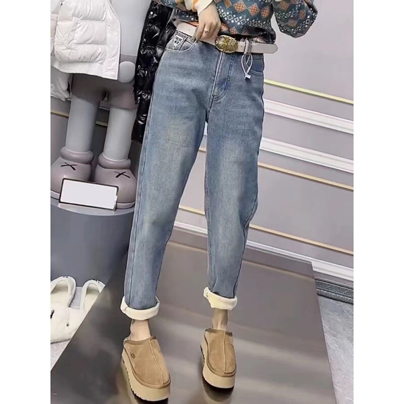 Plus-Size Fleece-Lined Thick Stretch Straight-Leg Jeans for Women, Winter Loose Slimming High-Waisted Dad Harem Carrot Pants Plus-Size Fleece-Lined Thick Stretch Straight-Leg Jeans for Women, Winter Loose Slimming High-Waisted Dad Harem Carrot Pants