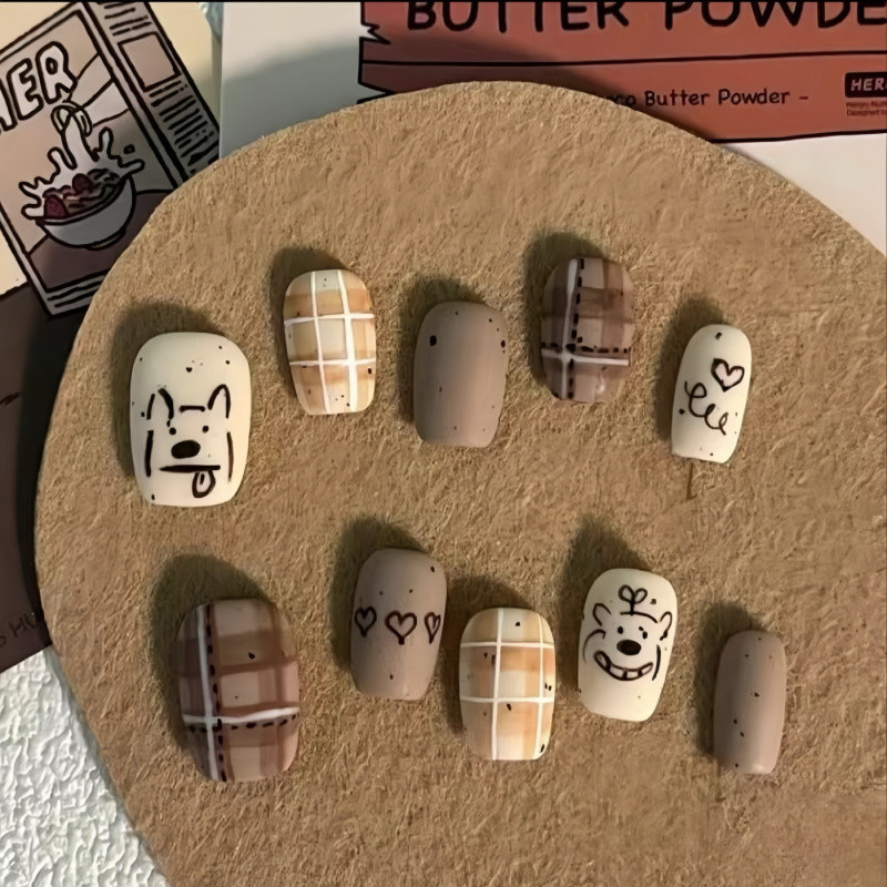 Ins Handmade Milk Tea Puppy Cute Cartoon Frosted Plaid Nail Patch Hand-painted Graffiti Nail Art Short