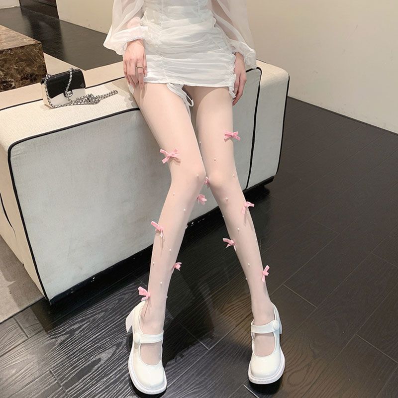 Small pure sweet sweet pink bow Pearl stockings female summer sexy legs pantyhose