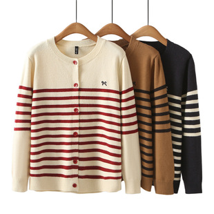 plus size Women's Fashion Embroidered Color Strip Cardigan Sweater Autumn Loose Slimming Crewneck Button Sweater 25389