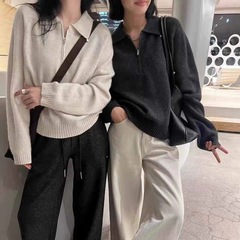 2025韩系设计感polo领半拉链针织衫女秋冬新款翻领毛衣宽松上衣