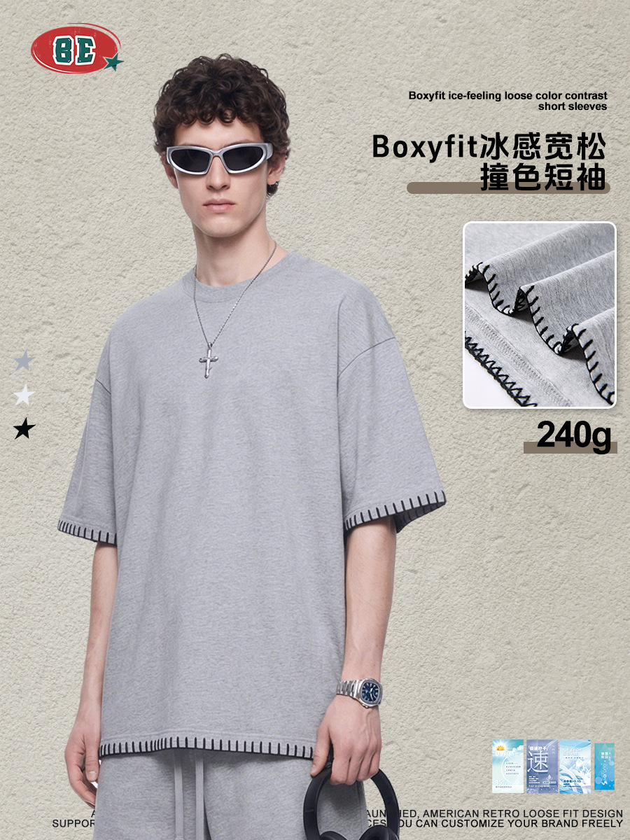 Be Hombres| Corto americano ancho Boxyfit Solona cuello redondo suelto camiseta de manga corta de diseño sensación de chaqueta casual para hombre