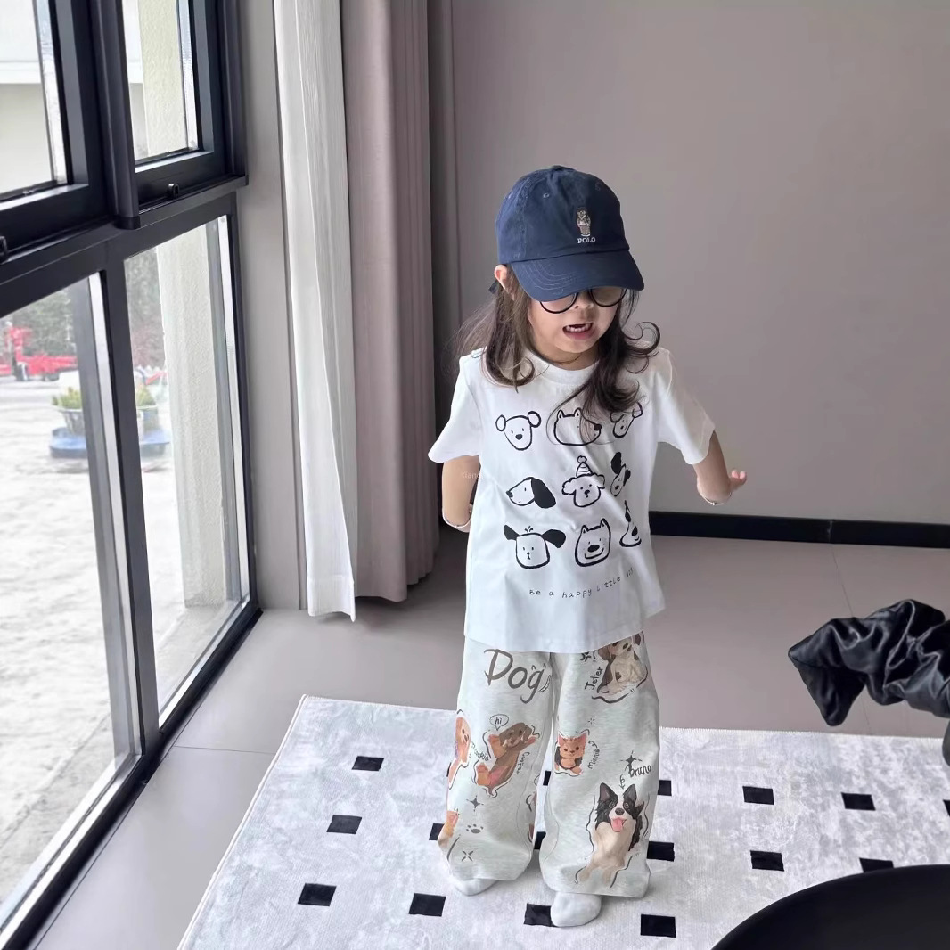 儿童夏季套装百搭可爱狗狗印花纯棉短袖男女童洋气阔腿休闲长裤薄