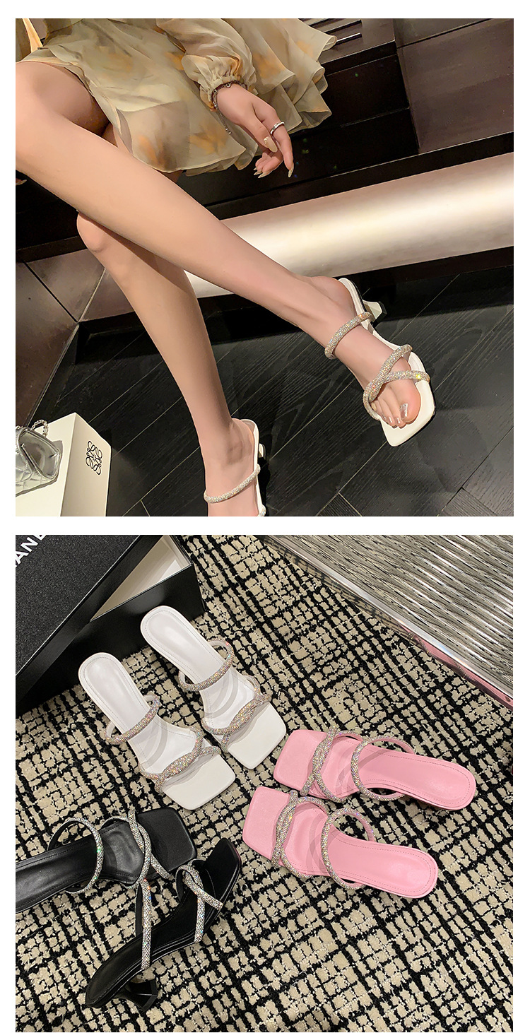 Dép sandal cao gót nữ quai mảnh đính đá mũi vuông gót dày 9 cm — đen, màu hồng, trắng chi tiết 11