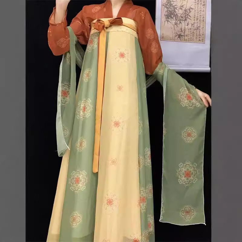 Tang-style Hanfu Women's Adult Spring and Summer Tang-style One-piece Chest-length Ripped Skirt Printed Restoration Chinese Cabbage for Daily Slimming