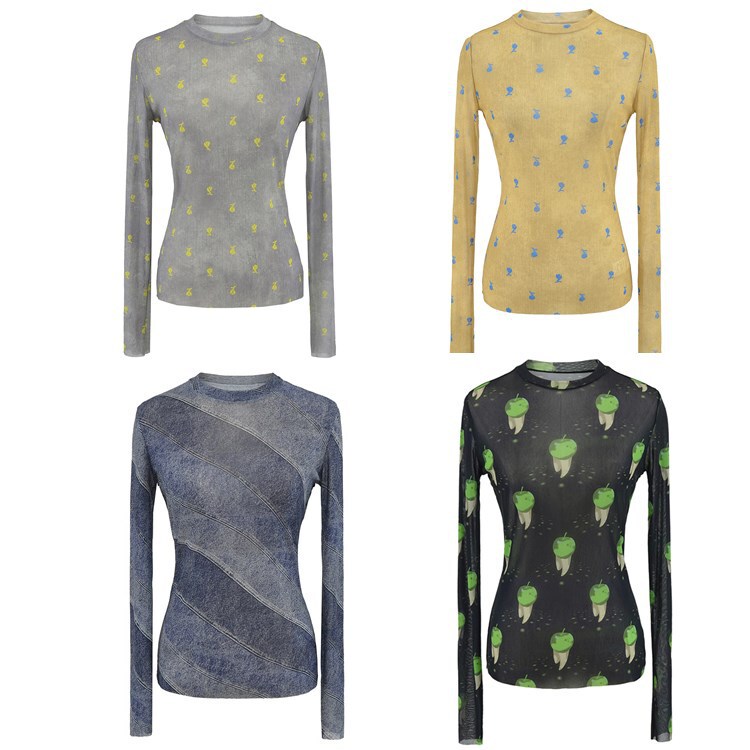 Denim Puzzle Printed Sunscreen Skin Clothes Women's 2025 Summer Tie-Dye Mesh Base Long-Sleeved T-Shirt Blouse Top