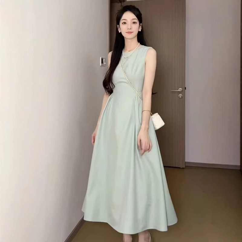 ピンク 2025 新しい夏のノースリーブベストドレス女性のスリムウエストデザインラウンドネックドレス|undefined