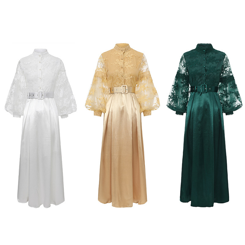 French-Style Light Luxury Lace Lantern Sleeve Dress for Women, Elegant High-Neck Waist-Cinching Slimming Long Dress for Spring and Summer Commuting French-Style Light Luxury Lace Lantern Sleeve Dress for Women, Elegant High-Neck Waist-Cinching Slimming Long Dress for Spring and Summer Commuting