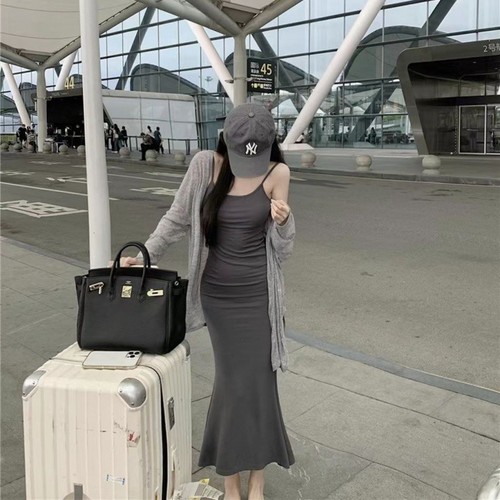 Summer Vibe Cinched Bodice Strap Dress for Women - Design-Focused French Style Mermaid Dress - Underwear Base Layer Skirt