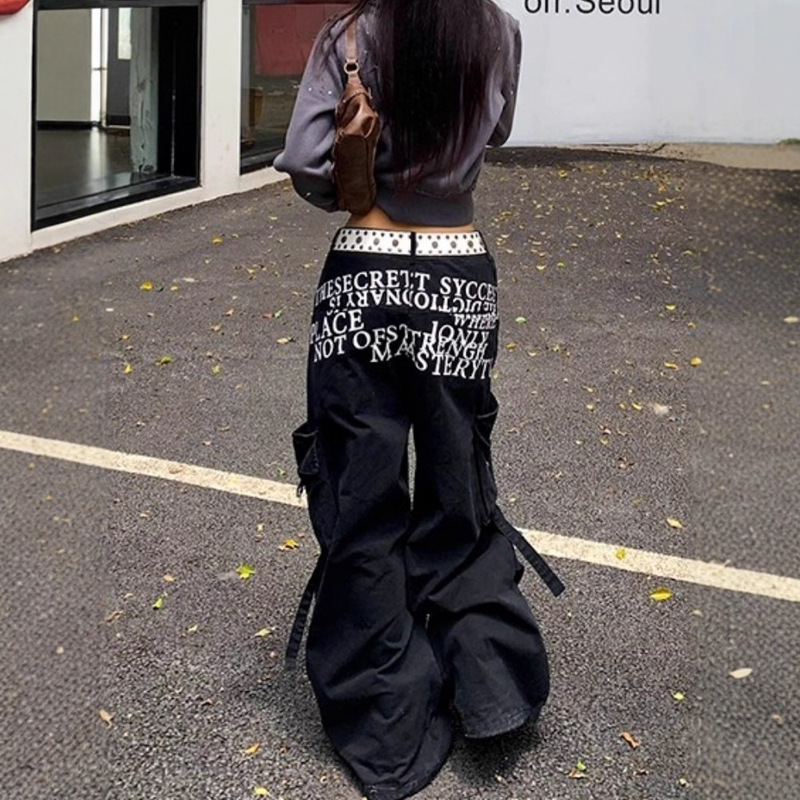 美式复古多口袋工装牛仔裤女春秋款街头潮酷设计感宽松显瘦阔腿裤|undefined