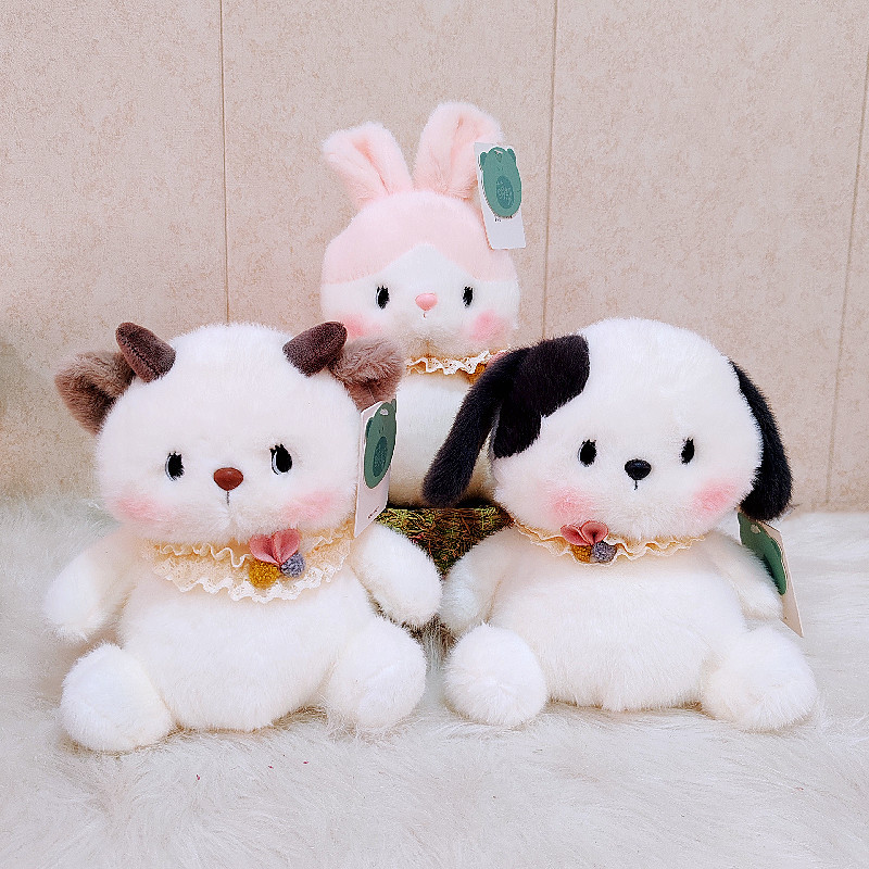 Linda mesa de puff de leche con adornos de muñecas, juguetes de peluche con muñecas, pequeños perros de leche, gatos de leche, regalos de cumpleaños para niños