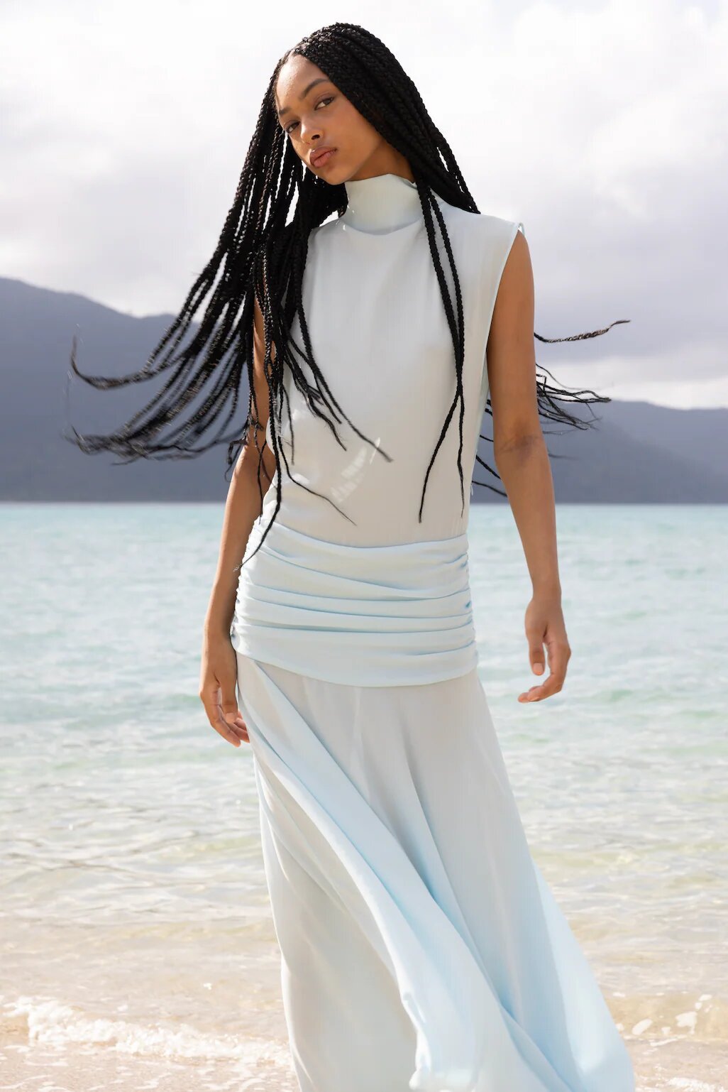 Summer Fashion Sleeveless Slim Fit Stand Collar Long Dress For Women Sexy Solid Color Ruched American Style_ecoleips.com