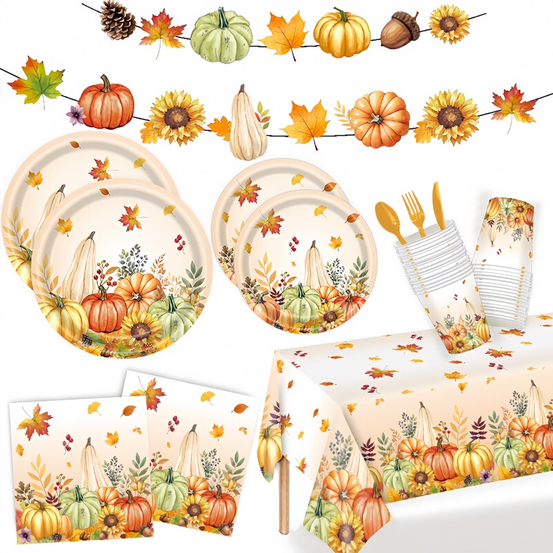 New Autumn Pumpkin Maple Leaf Disposable Paper Cups and Plates Harvest Thanksgiving Themed Party Decoration Dinnerware Set