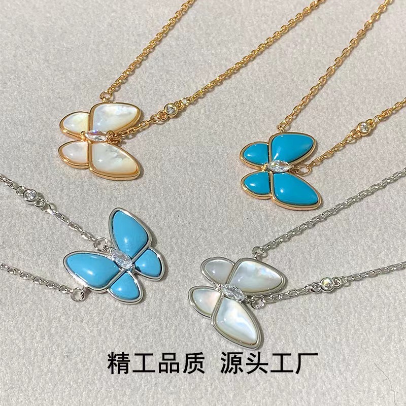 Blue Butterfly Necklace Gold Silver White Mother of Pearl Elegant Daily Wear Jewelry