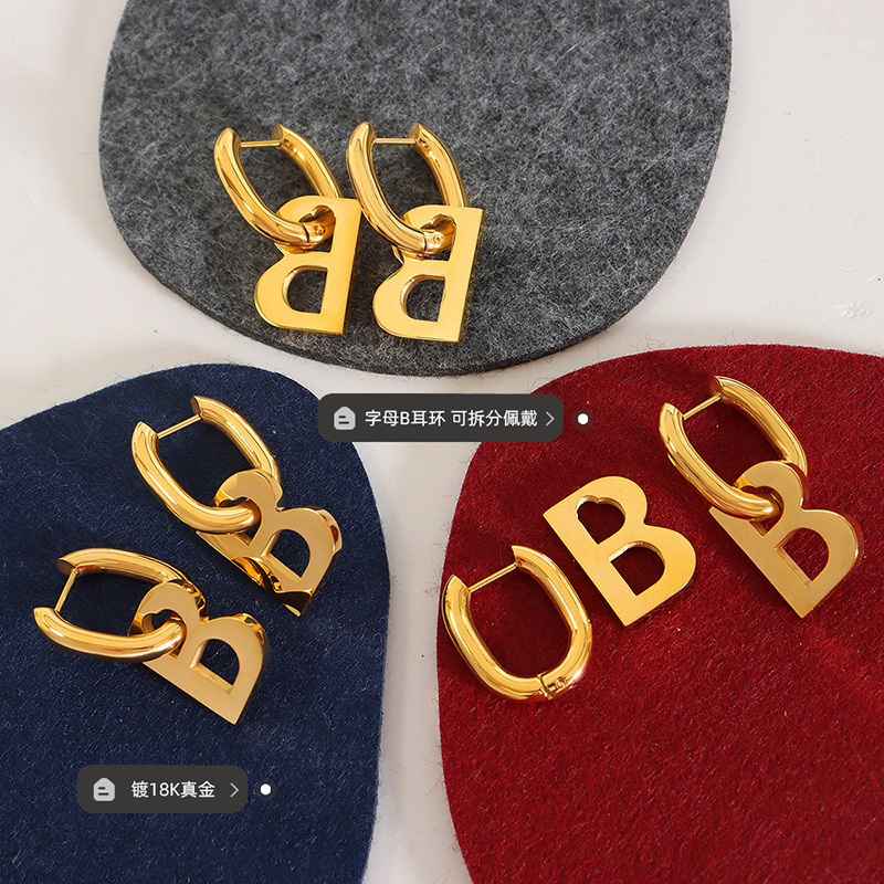 Personalizado exagerado creativo oro letra B estilo europeo y americano pendientes geométricos fabricante en stock titanio acero chapado en oro joyería del oído