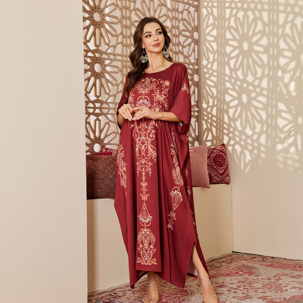 Nuevo pijama de satén de tamaño grande para mujeres de verano medio-oriental suelta gorda camiseta impresa suelta túnica DP3428