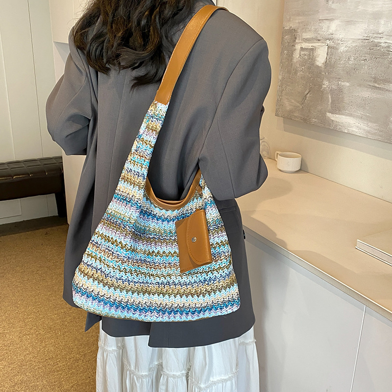 Bolsa de paja arco iris de gran capacidad de verano para mujeres 2024 nueva moda de viaje bolsa de hombro bolsa de mano bolsa de madre