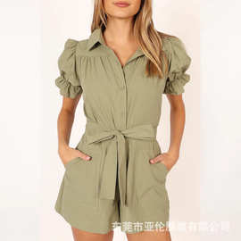 连体衣定制欧美小单定制 衬衣连体裤短裤 外发加工服装的工厂
