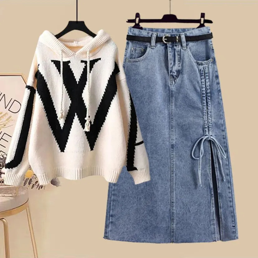 Vêtements pour femmes nouvelle grosse fille paresseuse pull tricoté à capuche jupe décontractée costume deux pièces_voghion.com