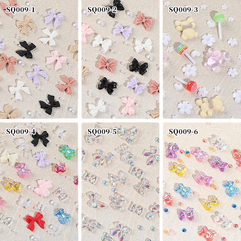 Seven-grid mixed Camellia nail jewelry bow flat diamond lollipop nail pequeña bola de acero Pearl Square Diamond