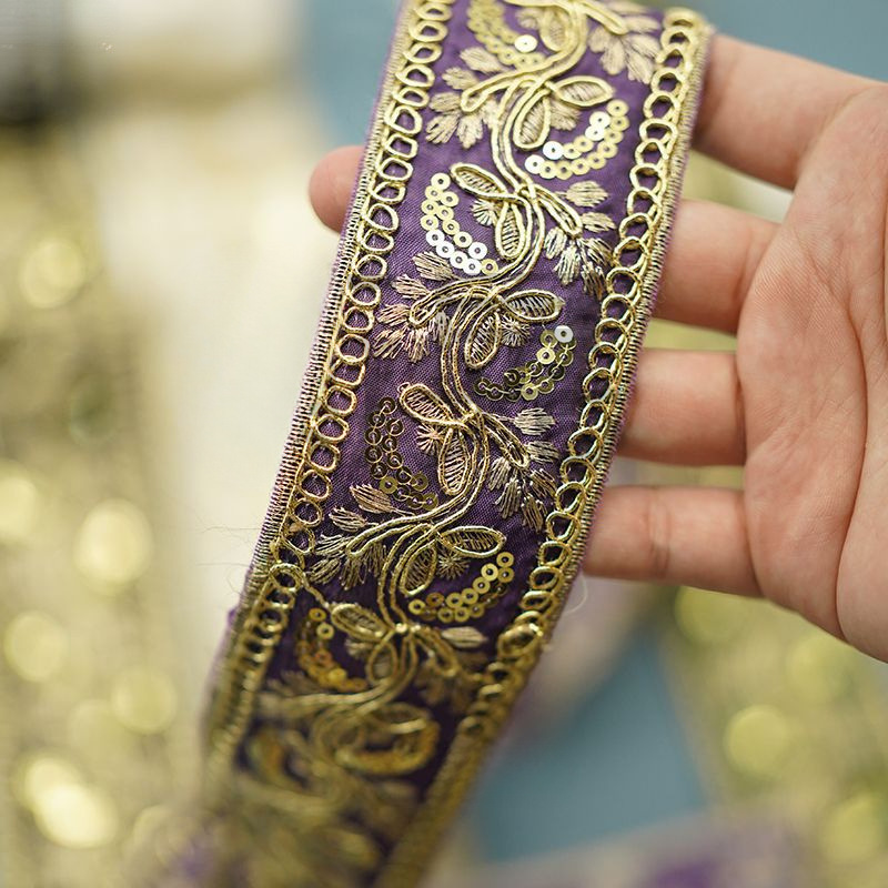 New Ethnic Style Embroider Lace Accessories Han Dynasty Gold Thread Leaf Beads Sequin Ribbon Clothing DIY Decoration