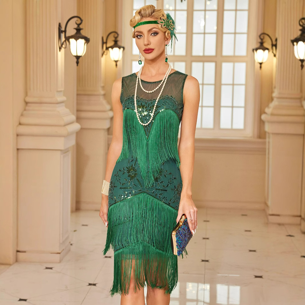 1920S Prom Dress Embroidered Tassel Party Sequin Beaded Mesh Fashion Dress Suspender Socialite