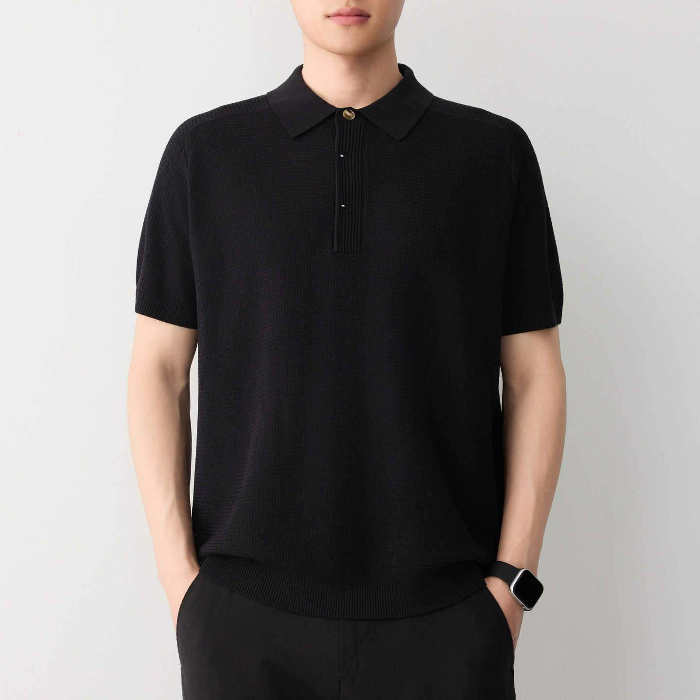 Áo polo nam tay ngắn phong cách cổ điển chất liệu linen pha — đen