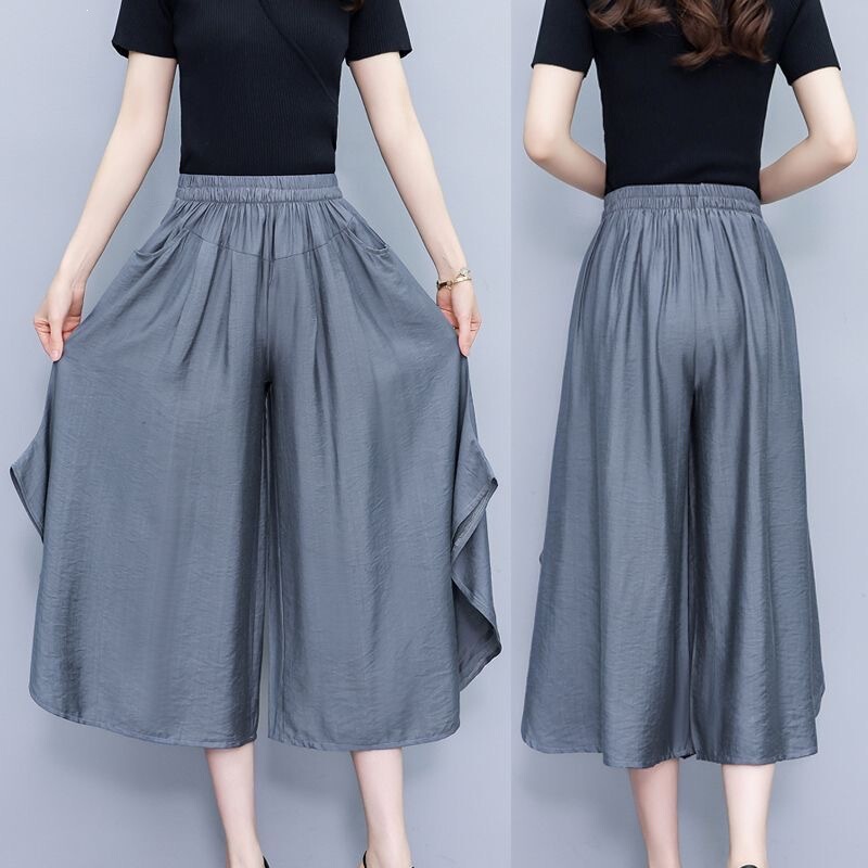 New Summer Plus Size Women's Pants, Loose Fit Cropped Pants, Slimming Wide-Leg Pants, Irregular Flared Skirt Pants, Red