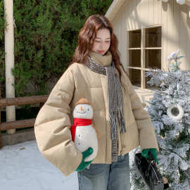 卡其色格纹拼接羽绒服女短款2025冬新款韩版加厚保暖90白鸭绒外套