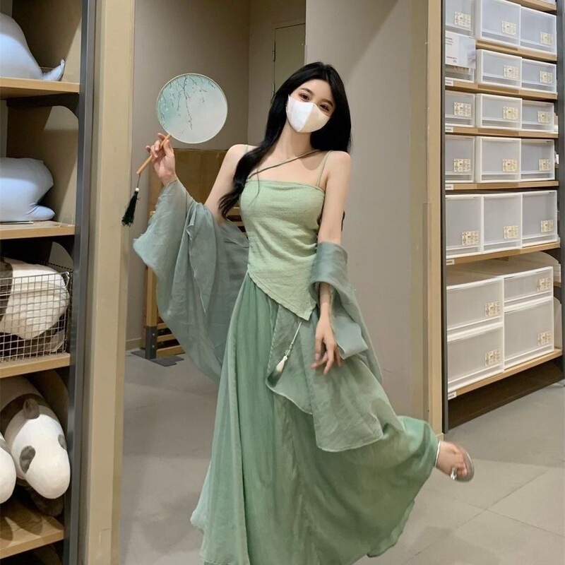 New Chinese-Style Women's Clothing, Improved Hanfu with Chinese Elements, Everyday Green Dress for Petite Women, Three-Piece Set New Chinese-Style Women's Clothing, Improved Hanfu with Chinese Elements, Everyday Green Dress for Petite Women, Three-Piece Set