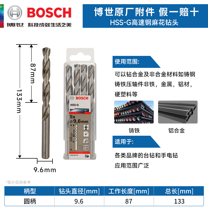 德国博世HSS-G高速钢麻花钻头 金属钻头 9.6mm电钻钻头 麻花钻咀