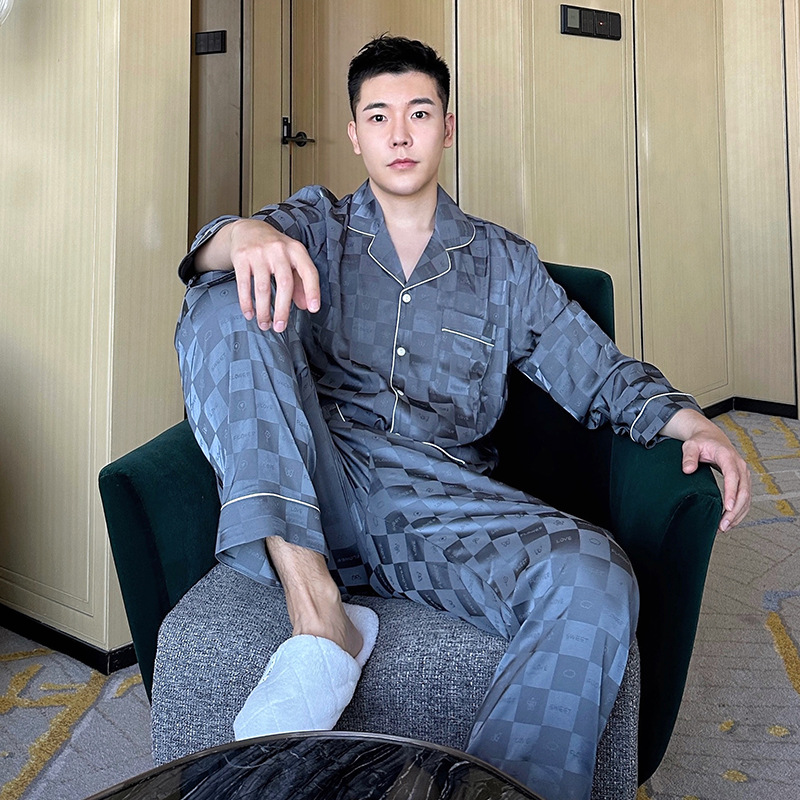 Little Red Book 2023 New Ice Silk Pajamas Men's Long Sleeve Long Chessboard Plaid Home Clothes Set Wholesale