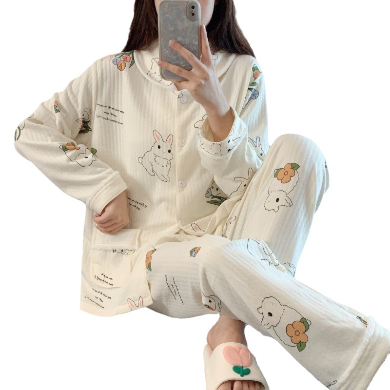 Japonés de dibujos animados pijamas las mujeres del otoño y el invierno Nuevo Aire sándwich algodón manga larga cardigan más tamaño flojo traje homewear