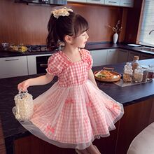 女童连衣裙新款儿童韩版洋气格纹网纱小女孩裙子泡泡袖公主裙