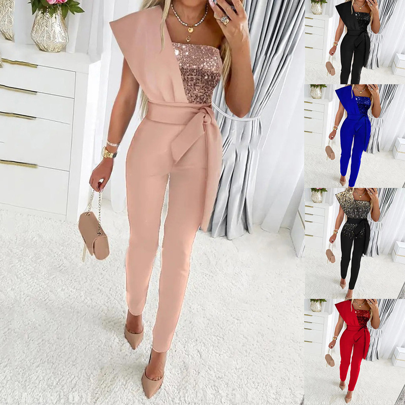 European and American Style Printed Jumpsuit, Sleeveless, with Belt Decoration, Slim Fit, Sequin Patchwork, Women's Clothing, Sequins, Qingdao, Korean Women's Fashion