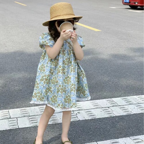 Children's Summer 2024 Fashion Floral Dress French Style Sweet Princess Dress Puff Sleeve Short Sleeve Dress