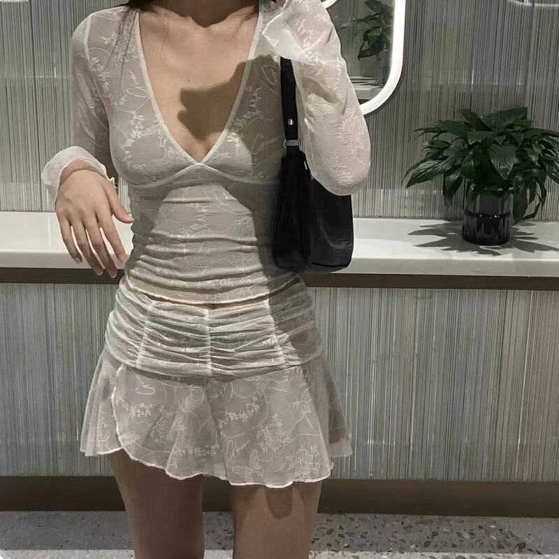 New pure lace sexy V-neck long-sleeved top see-through design + wrap mini skirt sweet hot girl suit women