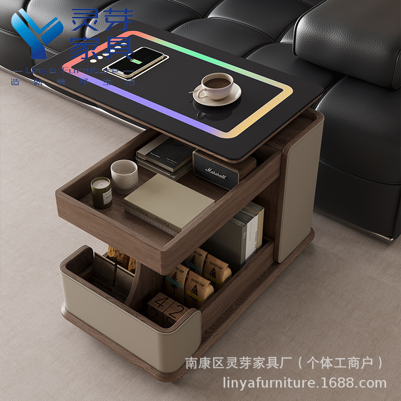Saddle Leather Solid Wood Adjustable Movable Sofa Side Table Small Tea Table Side Cabinet Living Room Storage Rack Adjustable Coffee Table