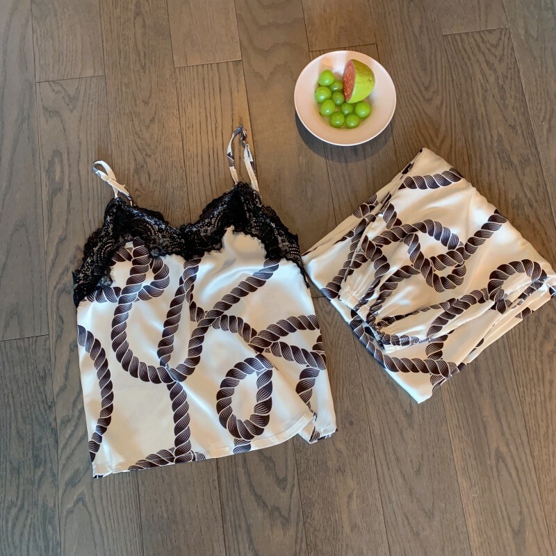 Thin Strap [Mysterious Coil] Ice Silk Camisole Long Pants Korean Style Hot-Selling Model in Two Colors, Can Be Worn Outside, with Removable Chest Pads