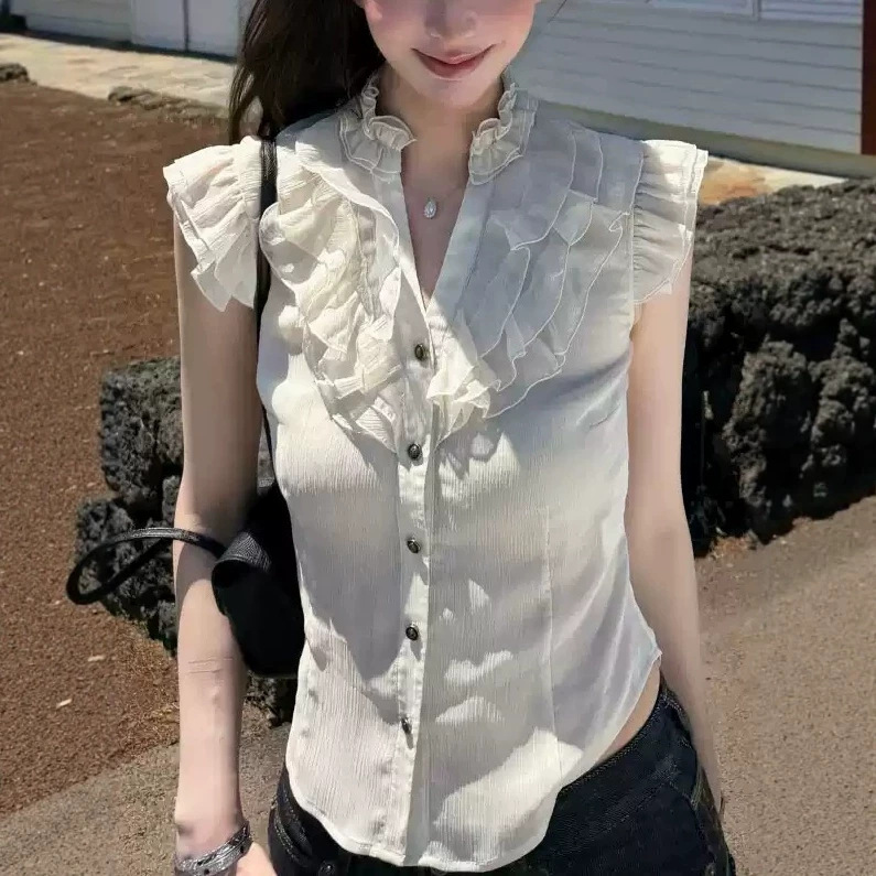 "Miss Aurora" Korean-Style Fragrant and Gentle Ruffled Blouse with a Fluttering Sleeve Design