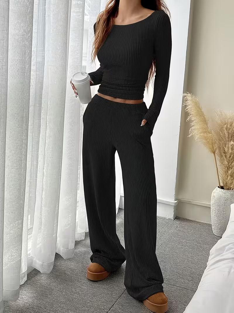 Women's Slim Fit Off Shoulder Top And Trousers Two Piece Set_voghion.com