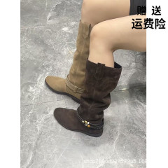 复古风西部牛仔靴2025新款粗跟真皮编织串饰褶皱堆堆靴长筒骑士靴