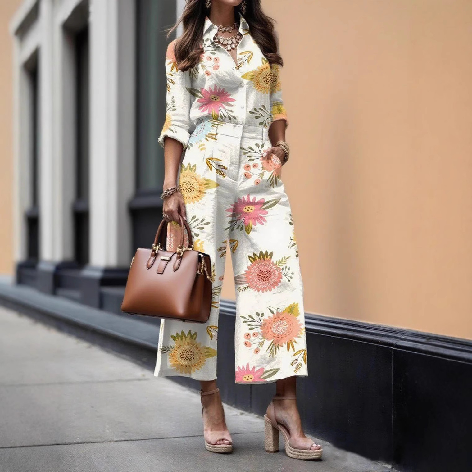 2025 European and American Clothing Amazon Independent Station Long-Sleeved Digital Printed Shirt + Pants Two-Piece Suit