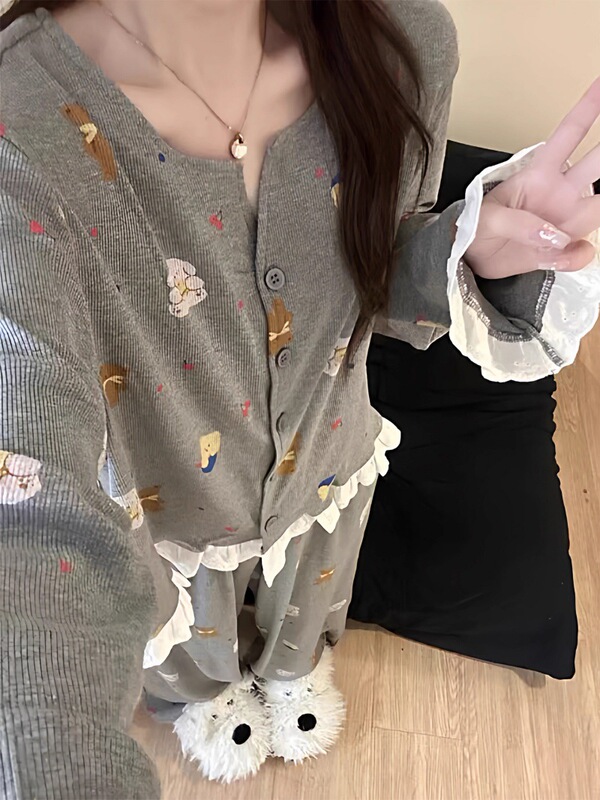 6472 Gray Little Bear 2026 Spring and Autumn New Style Women's Pajamas Internet Celebrity Style Korean Version Long Sleeve Long Pants Homewear Official