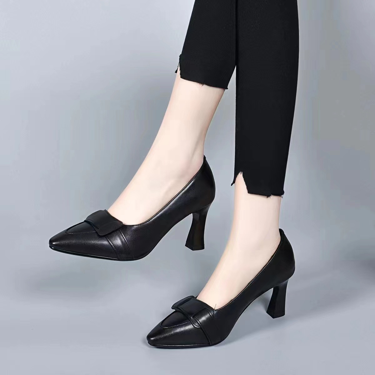 Giày cao gót nữ mũi nhọn da thật gót 7 cm đế mềm công sở — Màu đen (Chiều cao gót 7 cm) chi tiết 7