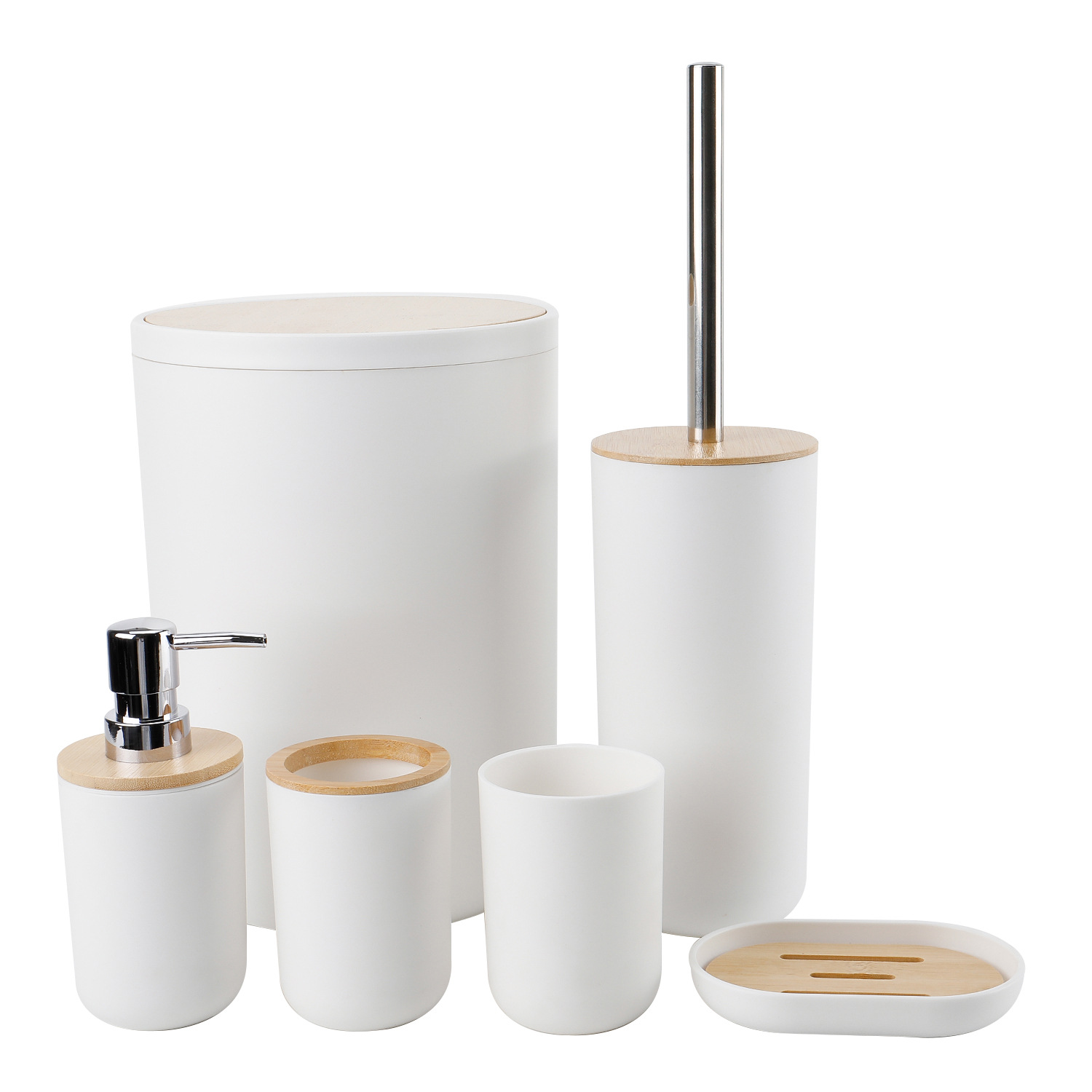 Cubierta de bambú de lavado de baño de plástico de seis piezas de la fábrica al por mayor de almacenamiento de baño estante titular de cepillo de dientes de basura puede